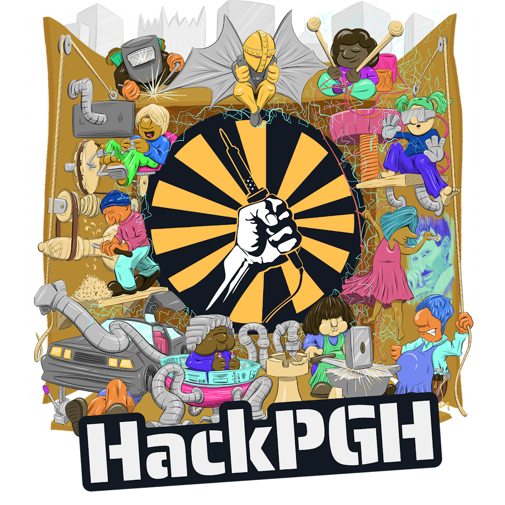 Cartoon of HackPGH members making and building projects